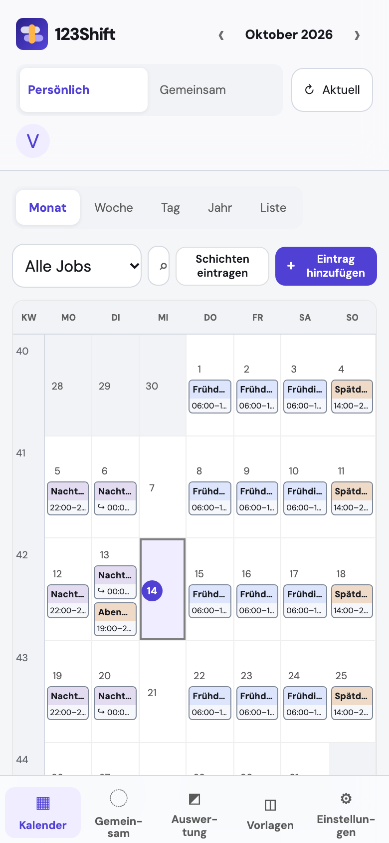Mobiler Webkalender mit Fokus-Umschalter und Synchronisationsstatus