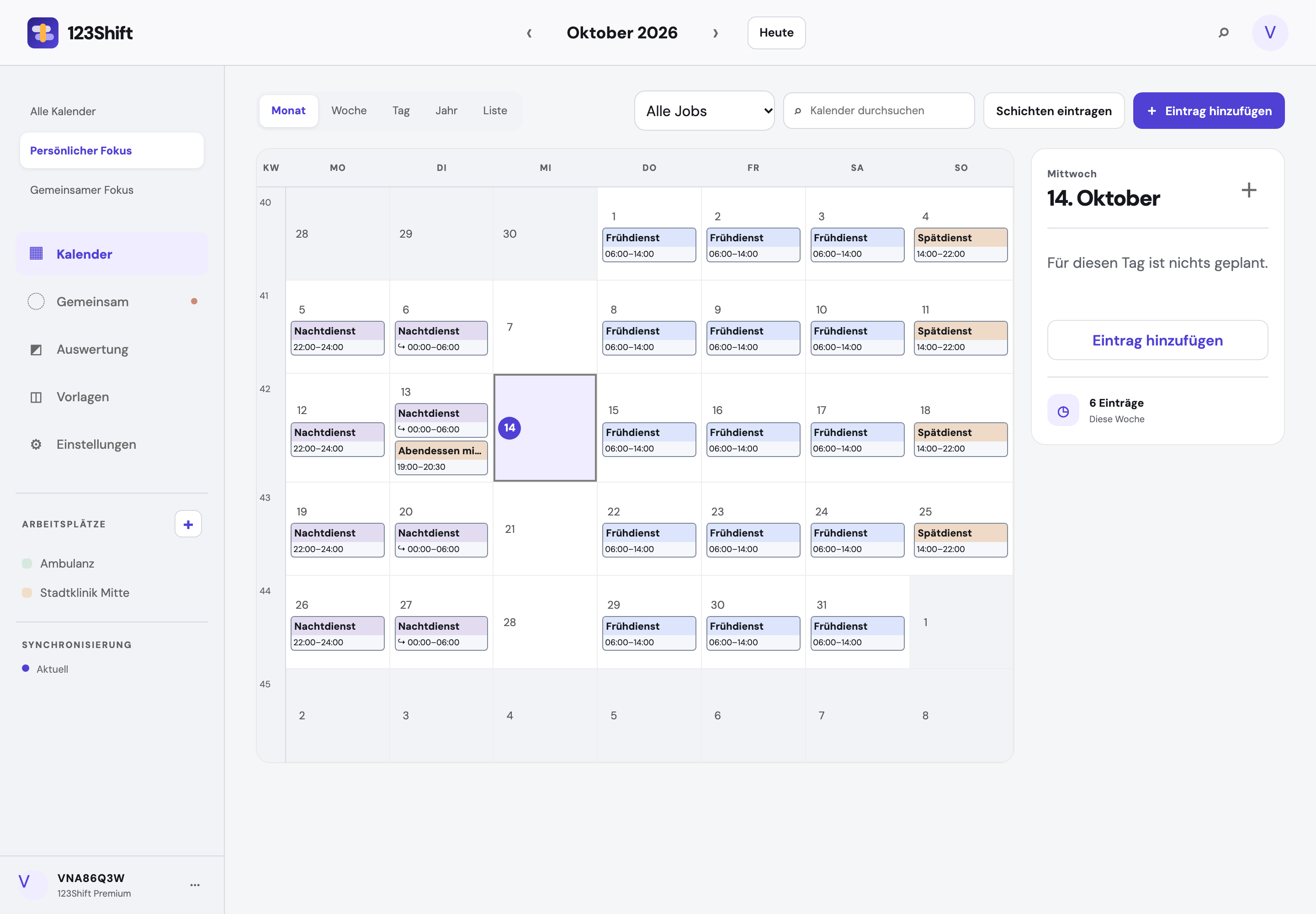 123Shift-Kalender mit fiktiven Beispieldaten