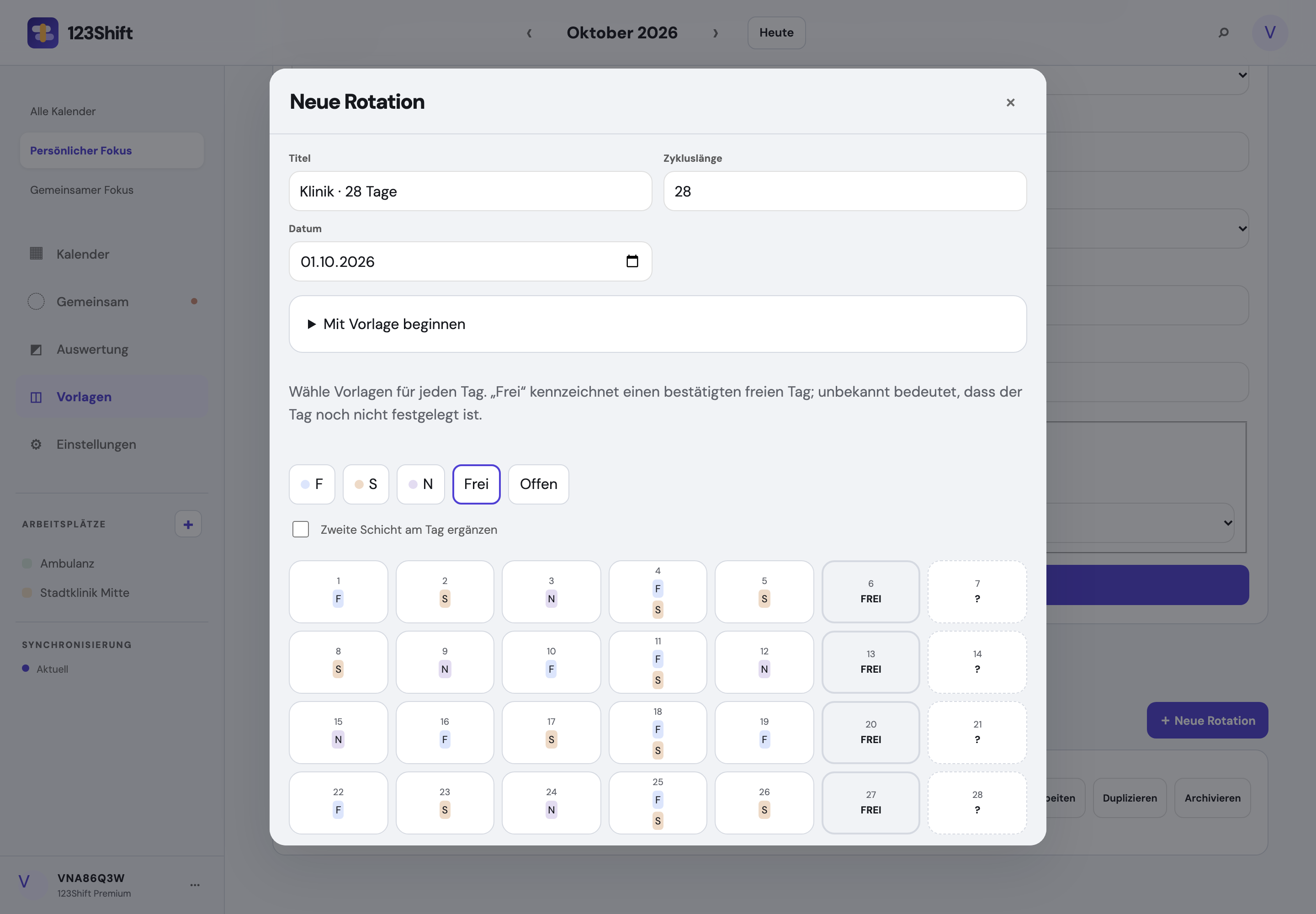 7-spaltiger Rotationseditor mit Arbeits-, Frei- und offenen Tagen