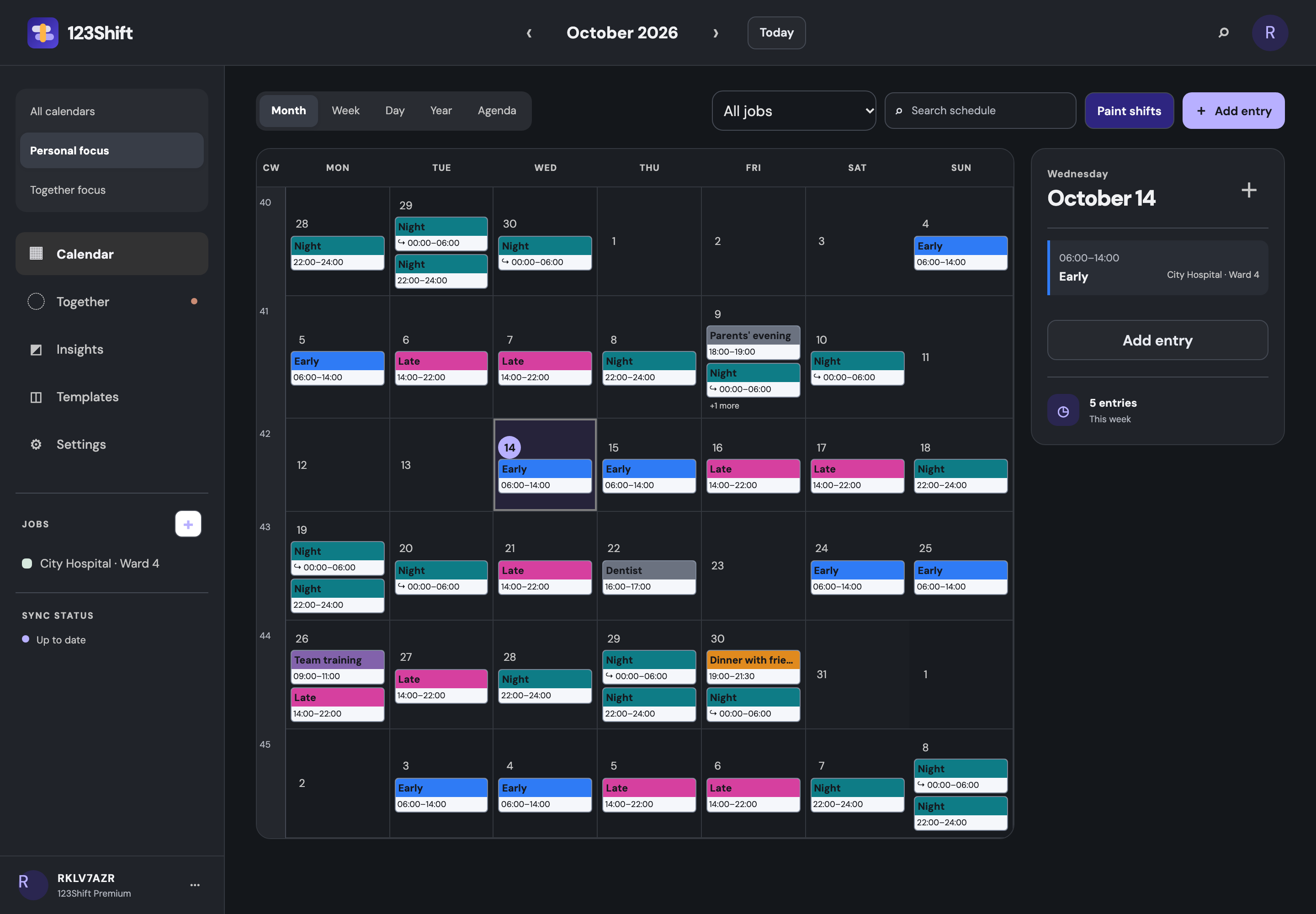Web app month calendar in the dark theme