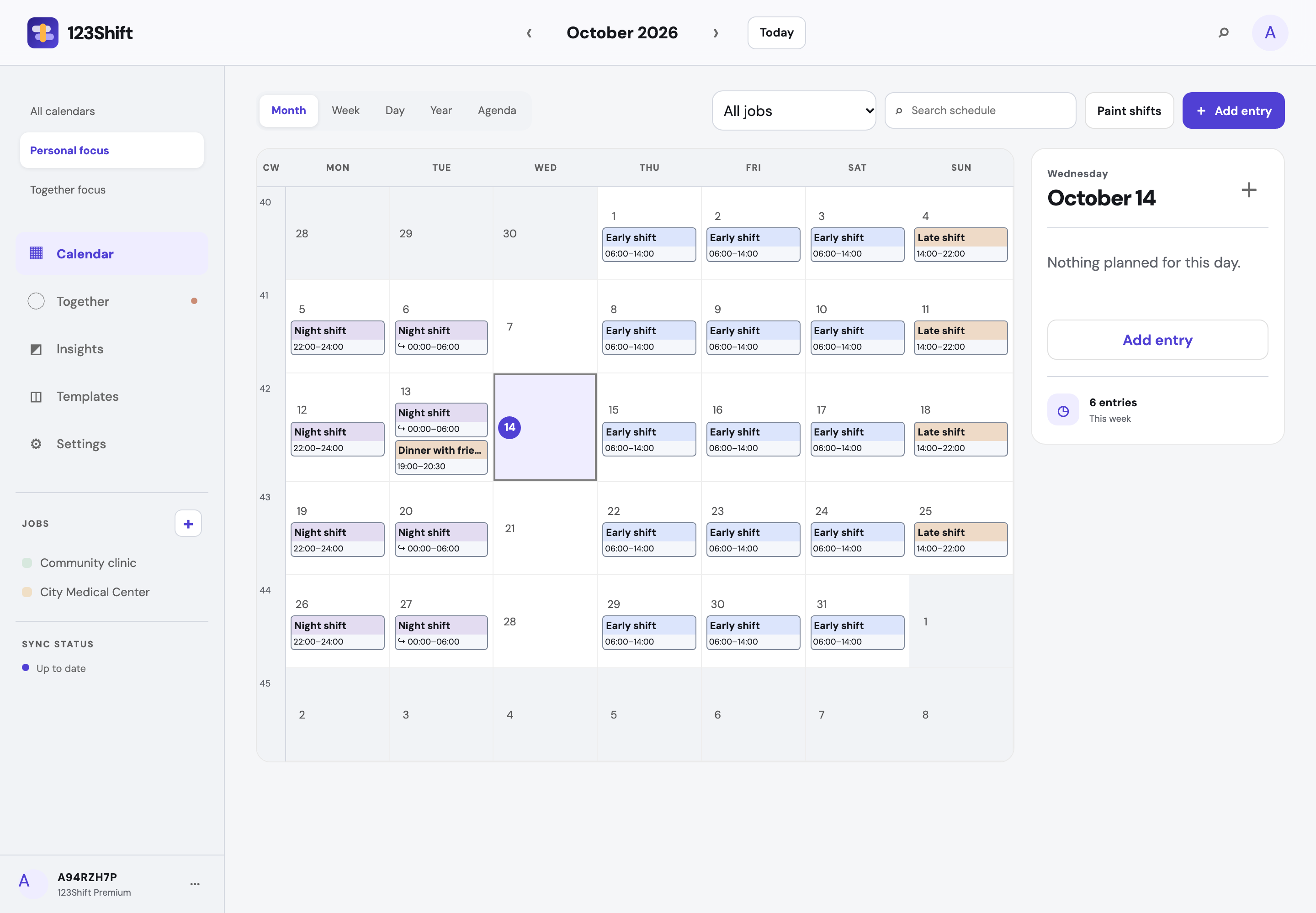 123Shift calendar running with fictional demo schedule data