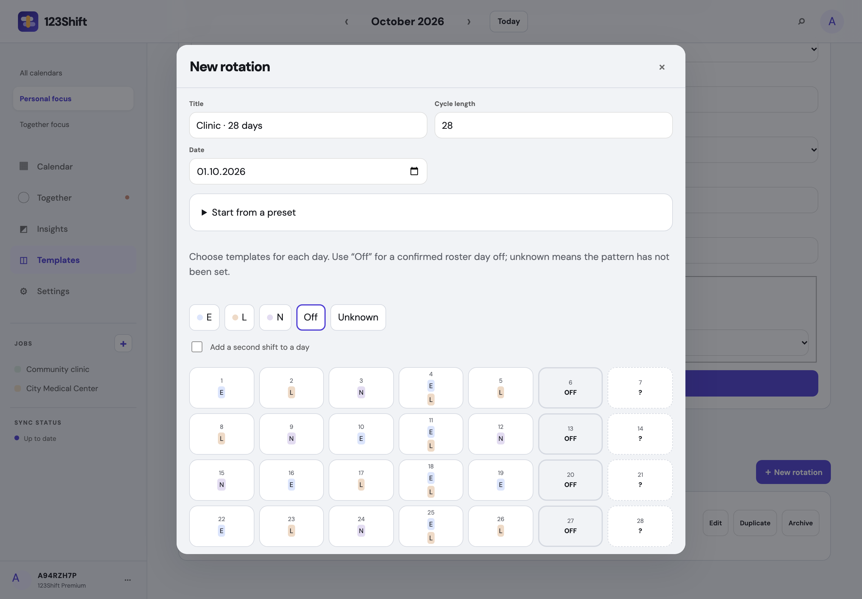Seven-column rotation editor with work, off and unknown days