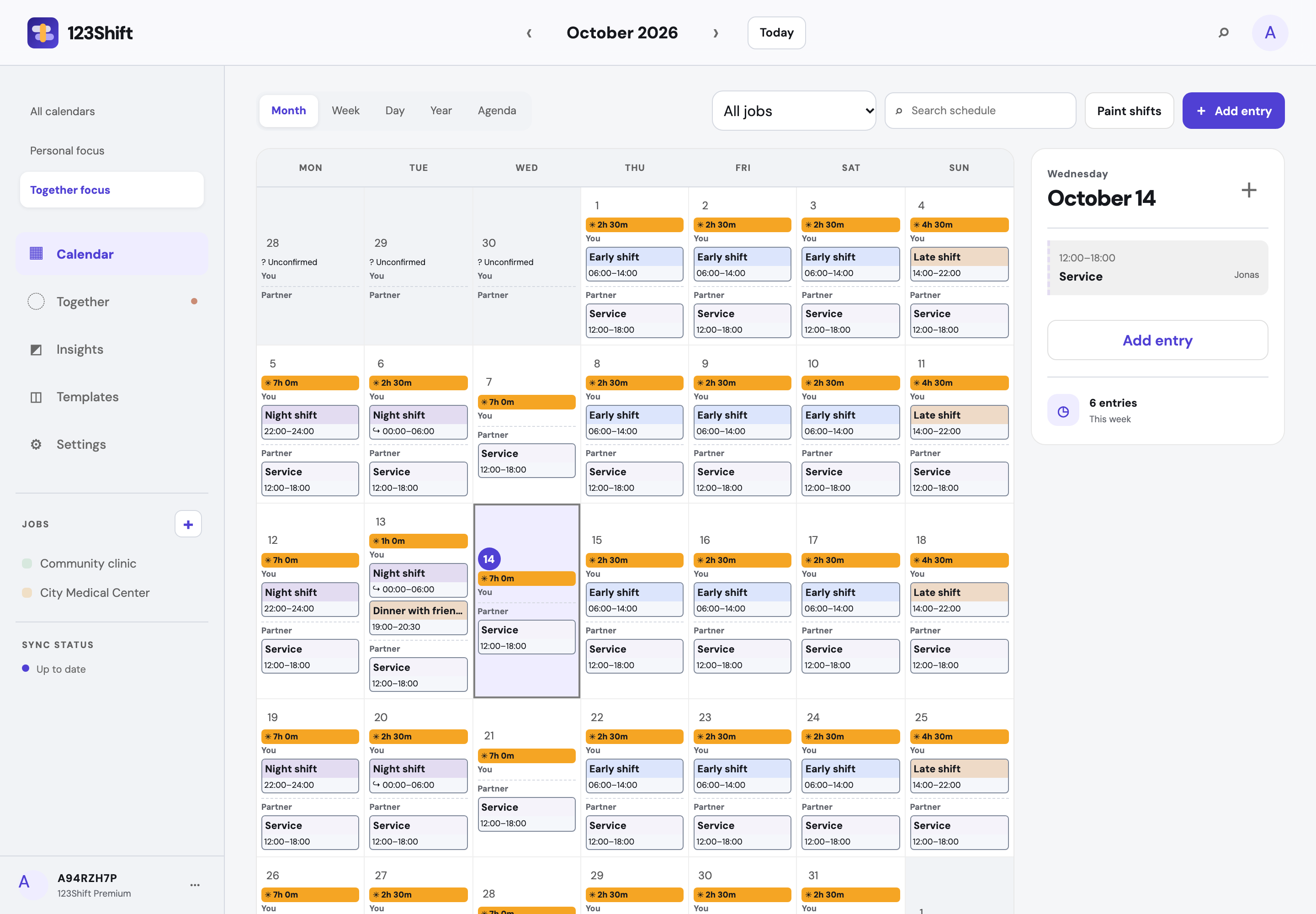 Together calendar with two schedules and confirmed shared free-time windows
